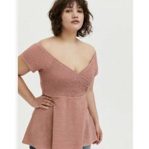 Torrid Women's 2 2X Top Dusty Pink Smocked Off Shoulder Babydoll Plus Size